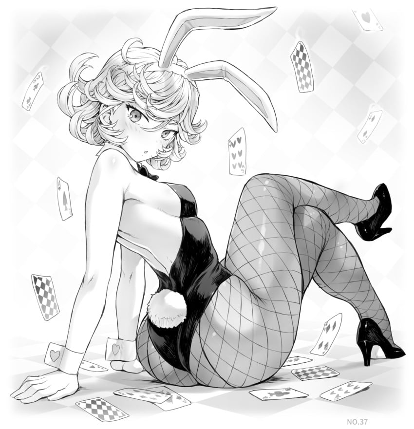 1girls ass ass_focus backside big_ass big_butt black_leotard blush blushing_at_viewer bunny_ears bunny_girl bunnysuit exposed_shoulders fake_animal_ears female female_only fishnets heart high_heels legs_crossed looking_at_viewer mogudan monochrome nice_ass one-punch_man playing_card poker_cards rabbit_tail seductive seductive_look short_hair sideboob solo tatsumaki twisted_torso