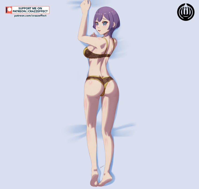 1girls ass back back_view bangs bare_back bare_legs barefoot bernadetta_von_varley big_ass blue_eyes bra breasts brown_panties crazzeffect dakimakura dakimakura_design female female_only fire_emblem fire_emblem:_three_houses large_breasts legs looking_at_viewer looking_back nintendo on_stomach open_mouth panties post-timeskip purple_hair short_hair solo underwear yellow_panties