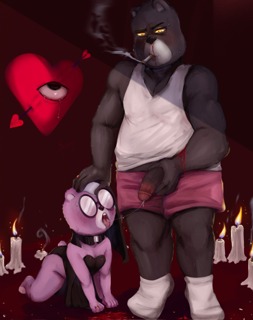 2023 all_fours anthro bear blood bodily_fluids brown_body bunny0baby candle clothed clothing crossdressing duo eyewear genital_fluids genitals glasses heart hi_res male mammal nosebleed padre_(unicorn_wars) penis precum purple_body sargento_caricias shirt slightly_chubby smoking topwear underwear unicorn_wars