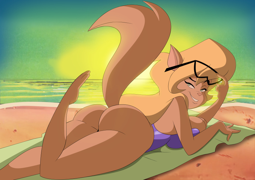 2023 anthro beach beach_towel big_ass big_butt blonde_hair bubble_ass bubble_butt callie_briggs cat_humanoid catgirl female female_only glasses_on_head grimphantom hanna-barbera huge_ass looking_at_viewer lying_on_stomach nice_ass seductive_smile smiling_at_viewer sunset swat_kats swimsuit