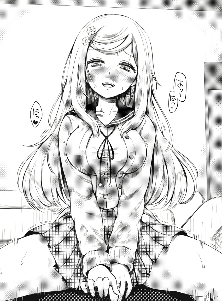 1boy 1boy1girl 1girls absurd_res absurdres alexandra_kurusu black_and_white blush blush_lines blushing blushing_at_viewer clothed cowgirl_position curvaceous curvy curvy_body curvy_female curvy_figure female female_human female_on_top high_resolution highres human human_only kurusu_alexandra long_hair looking_at_viewer magia_record:_mahou_shoujo_madoka_magica_gaiden mahou_shoujo_madoka_magica male pov pov_eye_contact puella_magi_madoka_magica straight white_skin young zwei_(santanawamuujojo)