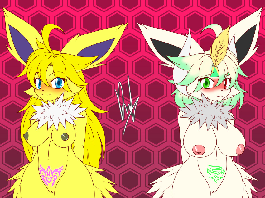 2021 absurd_res accessory anthro big_breasts blonde_hair blue_eyes blush breasts derthevaporeon duo eeveelution feather_in_hair feathers female generation_1_pokemon genitals green_eyes green_highlights hair hair_accessory headband heterochromia hi_res highlights_(coloring) horn hybrid_pokemon jolteon long_hair looking_at_viewer medium_breasts mega_absol mega_evolution nintendo pokemon pokemon_(species) pussy red_eyes short_hair shy smile smiling_at_viewer spiky_fur white_hair wide_hips