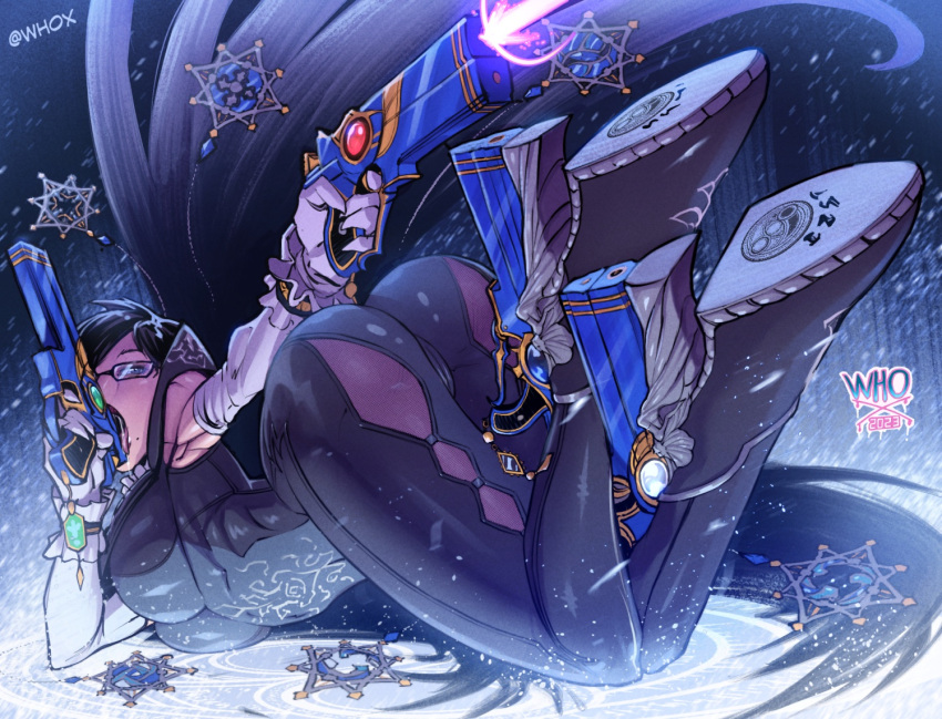 ass ass_focus ass_up bayonetta bayonetta_(character) bayonetta_2 big_ass big_breasts black_hair boots breasts cameltoe cereza firing firing_weapon glasses gloves grey_eyes gun guns heels heels_fetish high_heels laying_down laying_on_stomach leather_boots leather_clothing licking nonude pin-up pinup pinup_girls pinup_pose saliva shooting whox witch