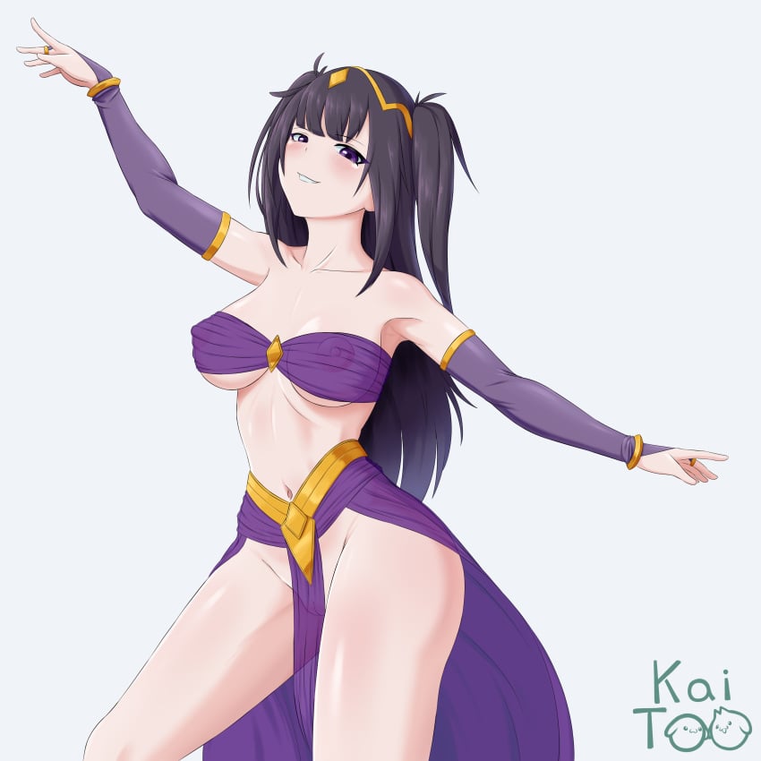 1girls alternate_costume areolae bangs bare_thighs black_hair breasts dancer dancing female female_only fire_emblem fire_emblem_awakening kai-too looking_at_viewer medium_breasts nintendo nipples pelvic_curtain purple_eyes see-through smile solo tharja_(fire_emblem) thighs underboob white_background