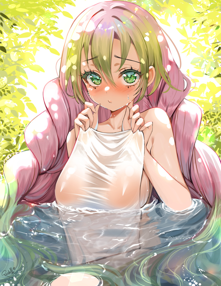 1girls bath bathing big_breasts blush braided_hair braids demon_slayer embarrassed female female_only gradient_hair green_eyes green_hair hi_res hot_spring kanroji_mitsuri kimetsu_no_yaiba long_hair looking_at_viewer mole_under_eye nipples_visible_through_clothing onsen pink_hair rosebell_(artist) see-through see-through_clothing shy sideboob solo towel two_tone_hair water wet wet_skin