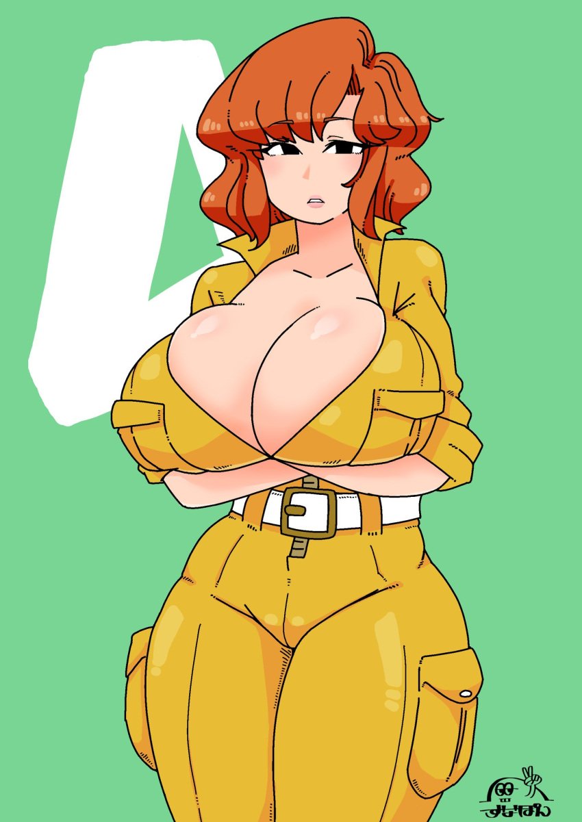 april_o'neil april_o'neil_(tmnt_1987) apron_only arms_crossed big_breasts black_pupils cleavage hourglass_figure huge_breasts jumpsuit large_breasts looking_at_viewer orange_hair red_hair suna_ponz teenage_mutant_ninja_turtles thick_thighs tmnt_1987 unbuttoned voluptuous yellow_clothing yellow_jumpsuit