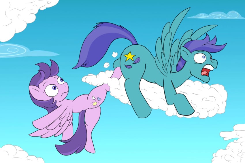 2022 accident balls blue_body blue_eyes blue_feathers buttsaucer clear_skies_(mlp) cloud cock_and_ball_torture cutie_mark digital_media_(artwork) duo equid equine feathered_wings feathers female feral friendship_is_magic genital_torture genitals hair hasbro hi_res kick kicking_balls male mammal my_little_pony nuttyhoof open_mouth open_skies_(mlp) pain pegasus pink_body purple_eyes purple_hair purple_tail screaming sky tail wings