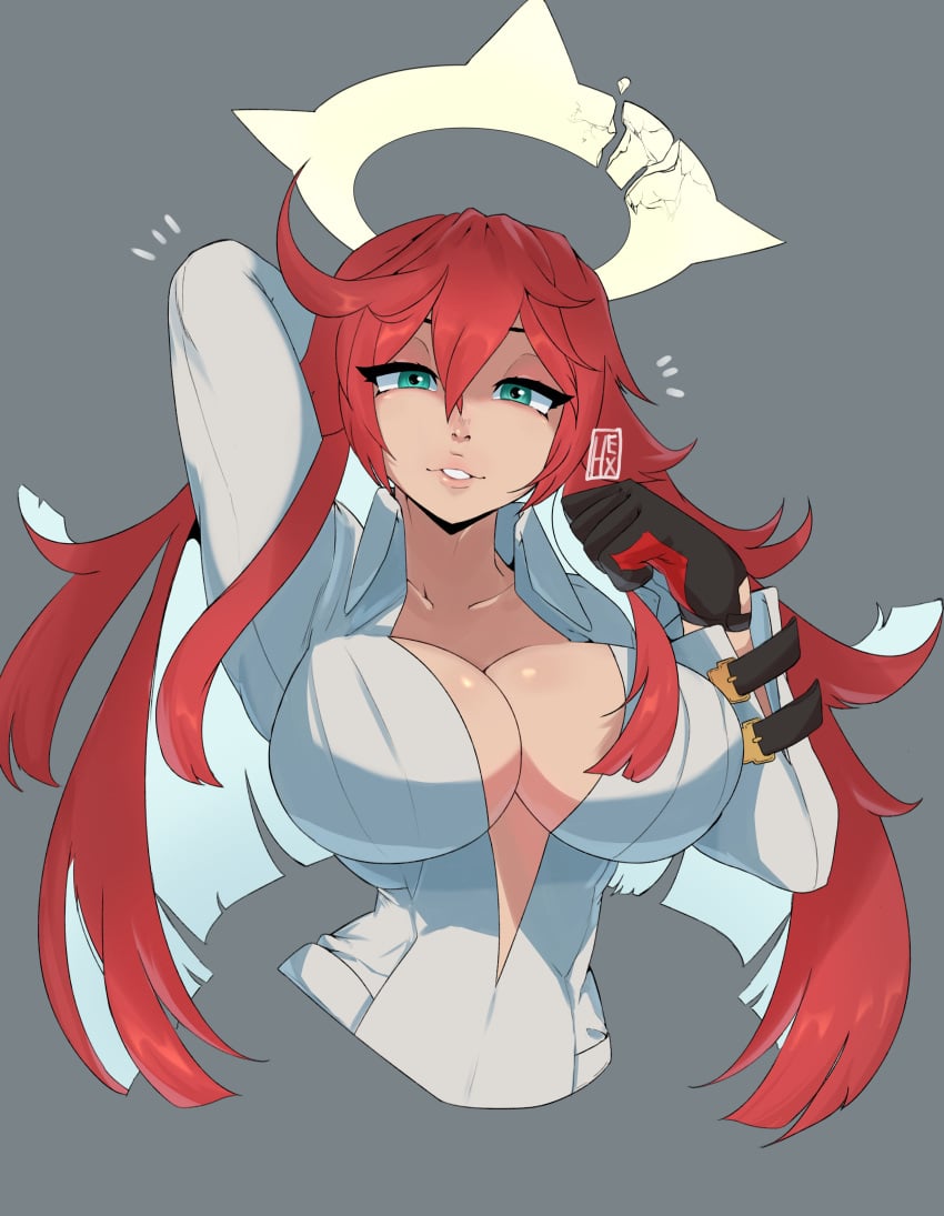 1girls belt belts big_breasts breasts female gloves guilty_gear guilty_gear_strive halo hexprinxess huge_breasts jack-o'_valentine long_hair red_hair smile smiling solo solo_female white_clothing white_shirt