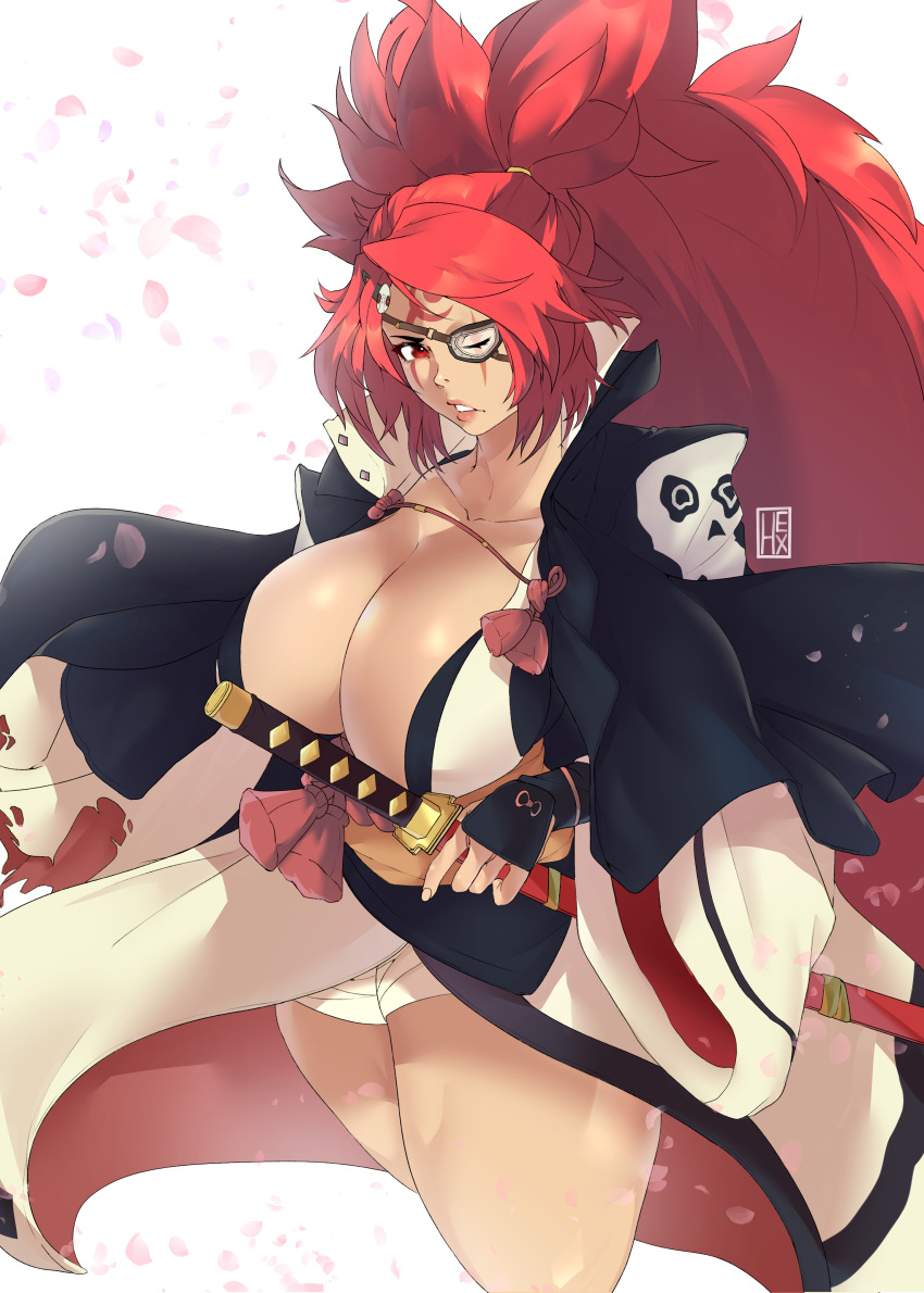 1girls baiken big_breasts big_thighs breasts coat eye_patch eyepatch female guilty_gear guilty_gear_strive hexprinxess katana long_hair ponytail red_hair solo solo_female sword thighs weapon