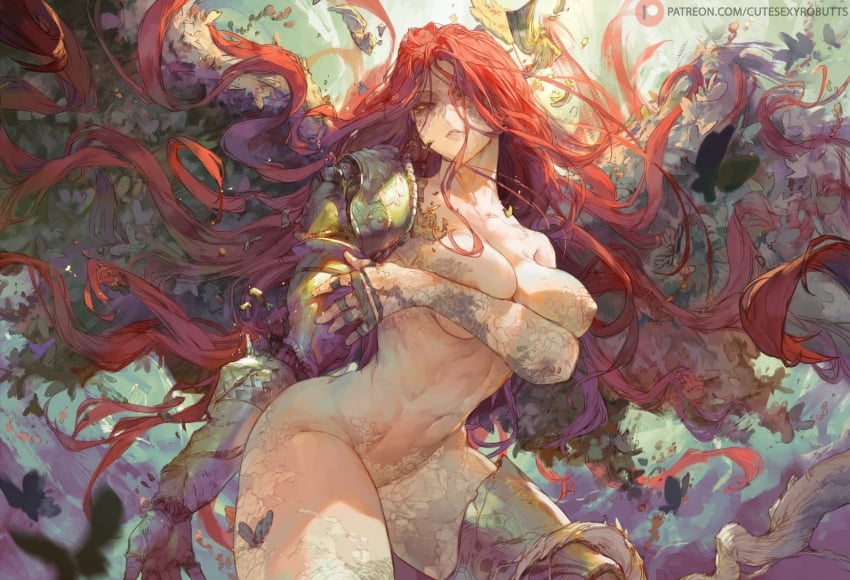 armor breasts closed_mouth covering covering_breasts cutesexyrobutts elden_ring female fromsoftware large_breasts long_hair looking_at_viewer malenia_blade_of_miquella mechanical_arms navel prosthesis prosthetic_arm prosthetic_leg red_hair shoulder_armor single_mechanical_arm solo thick_thighs thigh_armor thighs very_long_hair