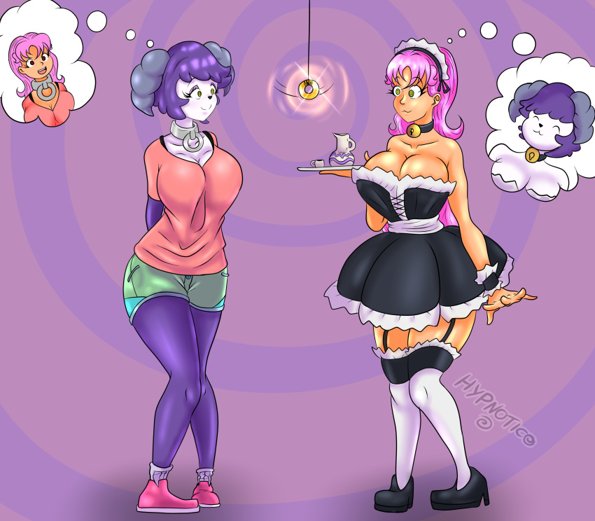 aiko_hajime_shin big_breasts body_swap bodyswap breast_press collar collarbone glowing goat_girl heels horns hypnosis hypnotico identity_swap long_socks maid maid_dress maid_outfit maid_uniform pendulum pink_hair purple_hair purple_skin spiral spiral_background spiral_eyes yellow_eyes