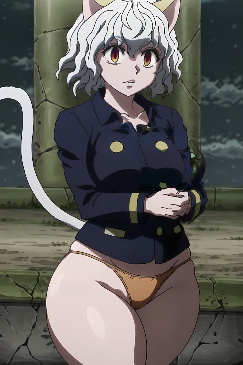 1girls ai_generated alternate_costume animal_ears breasts cameltoe cat_ears cat_girl cat_tail chimera_ant coat curly_hair curvy female female_only gardener_ai humanoid hunter_x_hunter medium_breasts neferpitou no_pants orange_panties pale-skinned_female pale_skin panties short_hair short_white_hair shounen_jump silver_hair solo stable_diffusion thick_thighs thong villainess wavy_hair white_hair wide_hips