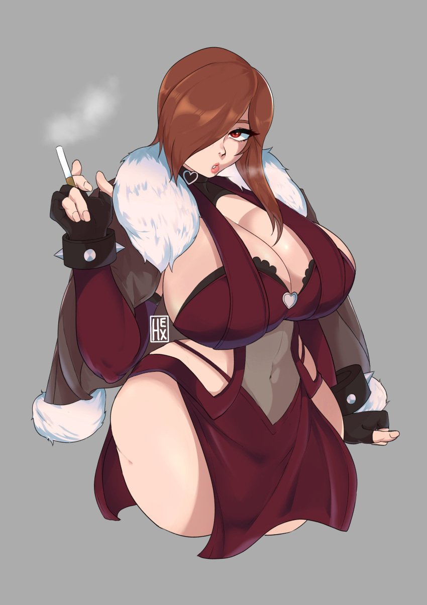 1girls big_breasts big_thighs breasts cigarette female fingerless_gloves gloves hexprinxess jacket light-skinned_female light_skin oc original original_character red_eyes smoke solo solo_female thighs