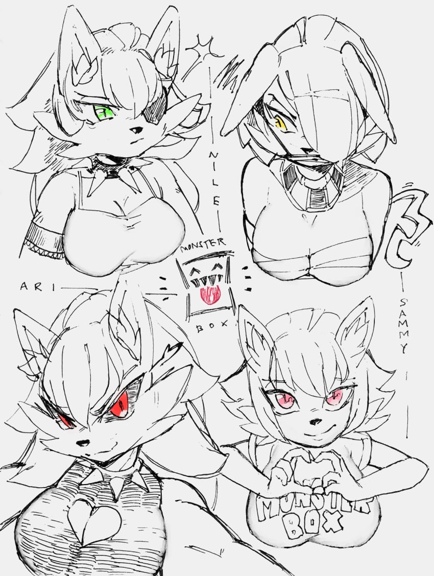 anthro ari_(in_heat) blood_moon_ari boob_window cat_ears cat_girl furry in_heat_(game) monster_girl nile_(in_heat) partially_colored rissandaho sammy_(in_heat) sketch sketchy tiger_girl wolf_girl