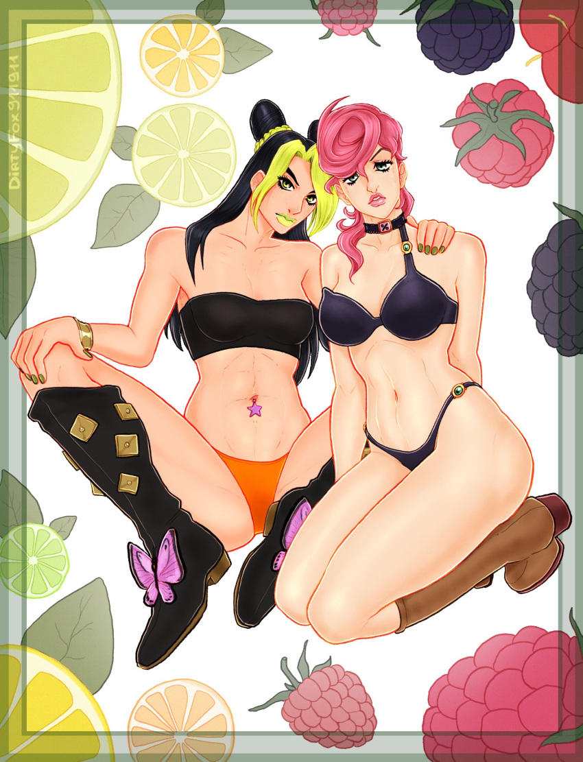 2girls boots breasts bug butterfly choker double_bun female female_only food fruit green_hair green_lips green_nails hair_bun jojo's_bizarre_adventure jolyne_kujo kneeling large_breasts lemon long_hair looking_at_viewer miserdirt multicolored_hair multiple_girls navel navel_piercing piercing pink_hair pink_lips sitting stone_ocean thong trish_una underwear vento_aureo