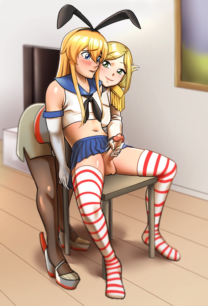 1boy 1girls blonde_hair blue_eyes blush blush_lines chair clothing commission commission_art commissioner_upload cosplay cuuki0 femboy femboy_on_female femboysub femdom gloved_handjob gloves green_eyes handjob kantai_collection katori_(kantai_collection) legwear light-skinned_female light-skinned_male light_skin long_hair long_socks malesub naval_uniform sailor_uniform shimakaze-kun shimakaze_(kantai_collection) sitting skirt straight striped_legwear thigh_socks topwear white_gloves