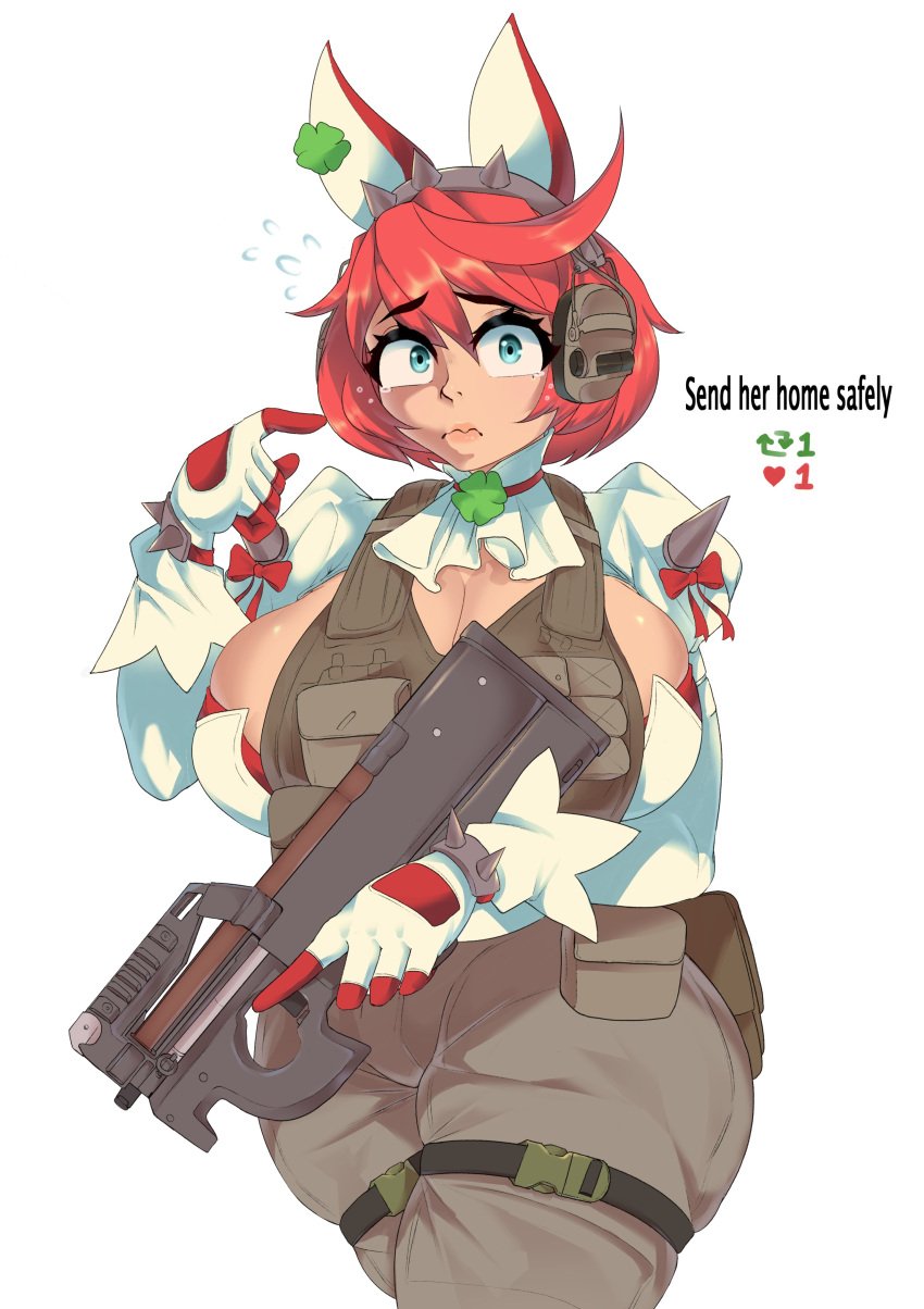 1girls big_breasts big_thighs blue_eyes breasts collar crying elphelt_valentine female fingerless_gloves gloves guilty_gear guilty_gear_strive gun headphones hexprinxess pink_hair rifle short_hair solo solo_female tactical_gear tactical_vest tear tears thighs weapon