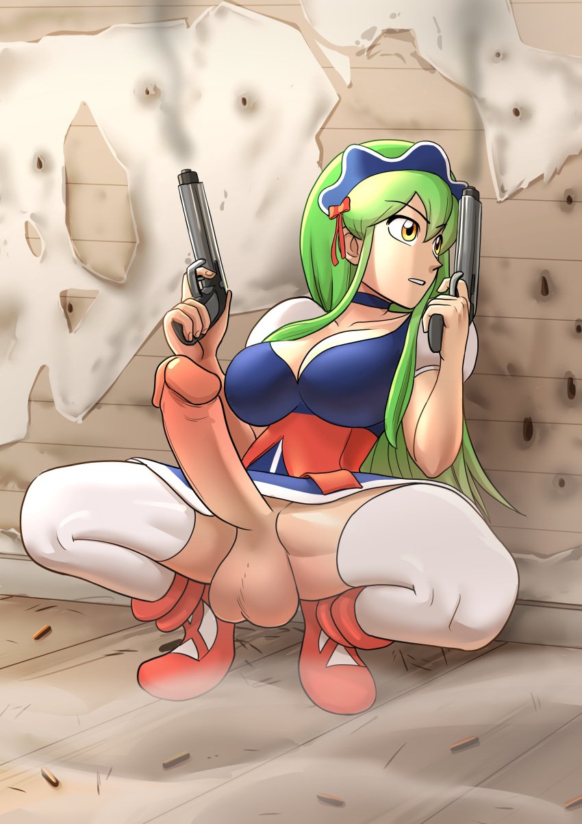 1futa casual clothing commission commission_art commissioner_upload cuuki0 firearm futanari green_hair gun handgun human intersex ixion_saga ixion_saga_dt large_breasts large_penis large_testicles long_hair mariandale pale_skin red_shoes tagme thighhighs weapon yellow_eyes