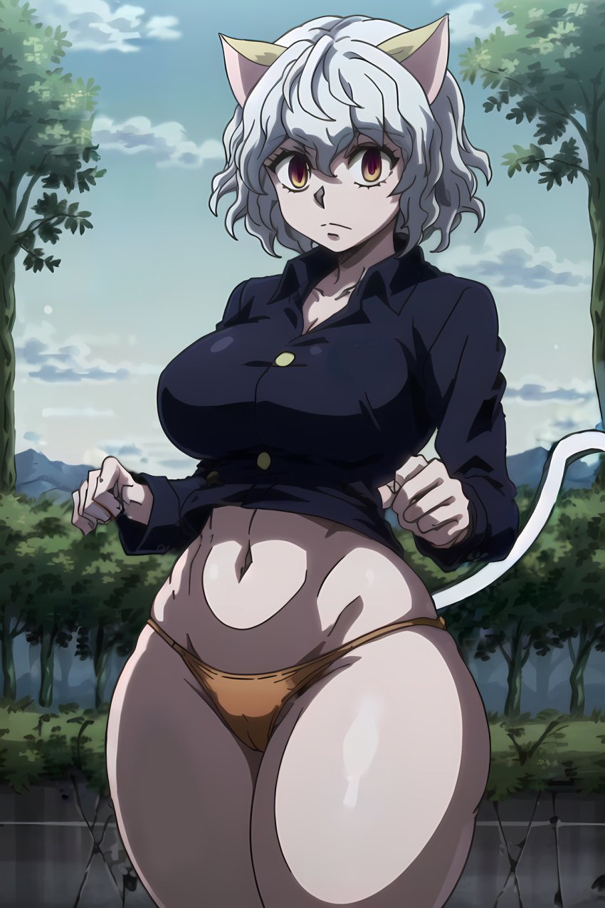 1girls ai_generated alternate_costume animal_ears breasts cameltoe cat_ears cat_girl cat_tail chimera_ant coat curly_hair curvy female female_only forest forest_background gardener_ai humanoid hunter_x_hunter large_breasts midriff navel neferpitou no_pants orange_panties pale-skinned_female pale_skin panties short_hair shounen_jump silver_hair solo stable_diffusion thick_thighs thong villainess wavy_hair white_hair wide_hips