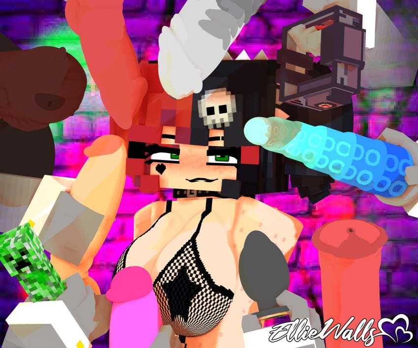 1girls 3d animal_genitalia big_breasts big_penis bra collar creeper_(minecraft) dildo doll ellie_walls_(odysseyellie) embrace erect_nipples fan_character fans female fishnet_armwear freckles goth_girl green_eyes horny_female horse_penis horsecock human_female human_penis humanoid looking_at_viewer mine-imator minecraft multicolored_hair nude_female odysseyellie outside sex_toy skull_hair_ornament smile spiked_hairband tagme tattoo_on_face