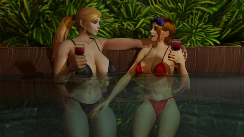 2girls 3d azuca big_breasts bikini blizzard_entertainment blonde_hair human human_(world_of_warcraft) large_ass large_breasts light-skinned_female light_skin original_character pae_pickford paepickford thick_thighs warcraft world_of_warcraft yuri