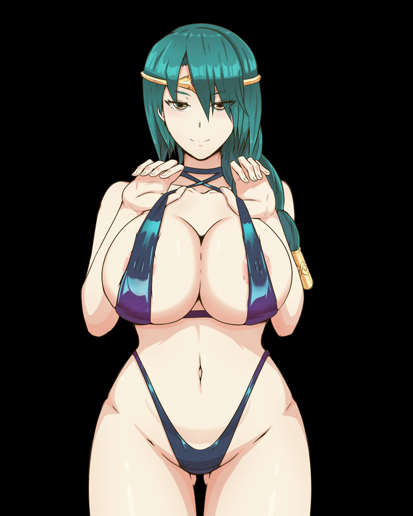 1girls absurdres alternate_costume areola_slip ass_visible_through_thighs bare_shoulders bikini bikini_top_lift braid braided_ponytail breast_lift breasts circlet cleavage clothes_lift commission cowboy_shot female female female_only fire_emblem fire_emblem_heroes gem green_hair hexel_chan highleg highleg_bikini highres huge_breasts jewelry linea_alba looking_at_viewer mature_female medium_hair navel nintendo non-web_source single_braid sling_bikini_top smile smirk solo stomach swimsuit thick_thighs thighs thorr_(fire_emblem) yellow_eyes