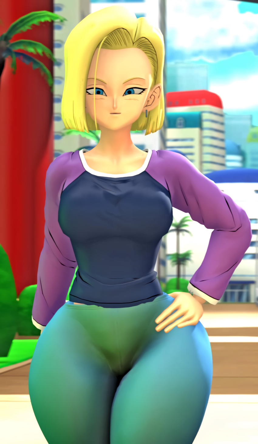 3d 3d_(artwork) android android_18 anotherthrowaway big_breasts blonde_hair blue_eyes child_bearing_hips curvaceous curvy cyborg dragon_ball dragon_ball_super dragon_ball_z eyelashes hi_res high_resolution highres hourglass_figure huge_ass huge_butt huge_thighs leggings liquidtiberium77 ltiberium77_(artist) milf mom_jeans mother non-nude pawg photoshop sfm sfw smile source_filmmaker suggestive thick thick_thighs wide_hips