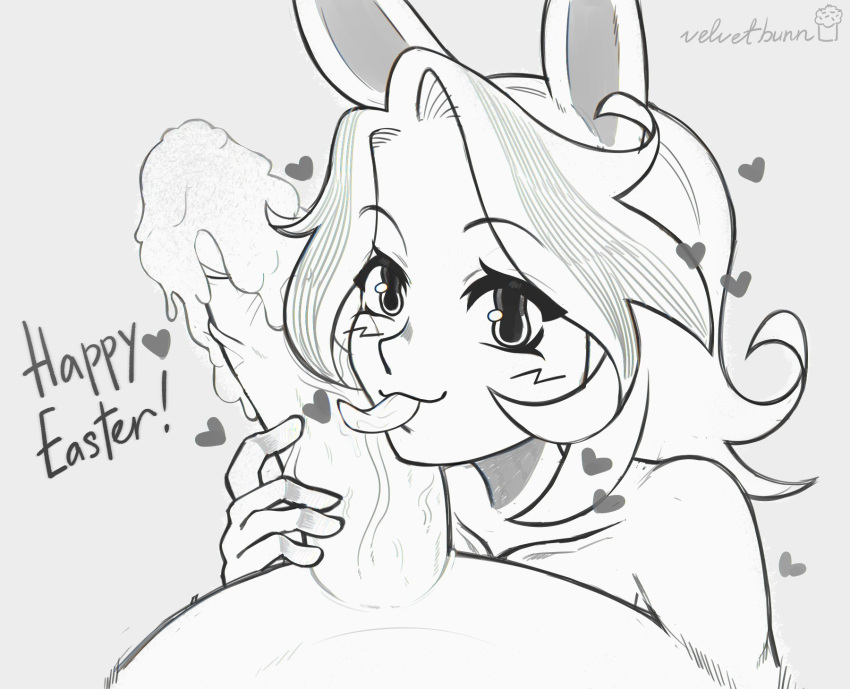 1boy 1boy1girl 1girls big_dick big_penis black_and_white bunny bunny_ears bunny_girl cream cream_on_penis cute easter female happy_easter heart heart hearts_around_head huge_cock huge_cock human licking_penis looking_at_viewer monochrome nude nude_male penis_lick penis_size_difference rabbit rachel_(velvetbunn) sammy_scratch_(anonjustanon) text vein veins_on_dick veiny_penis velvetbunn