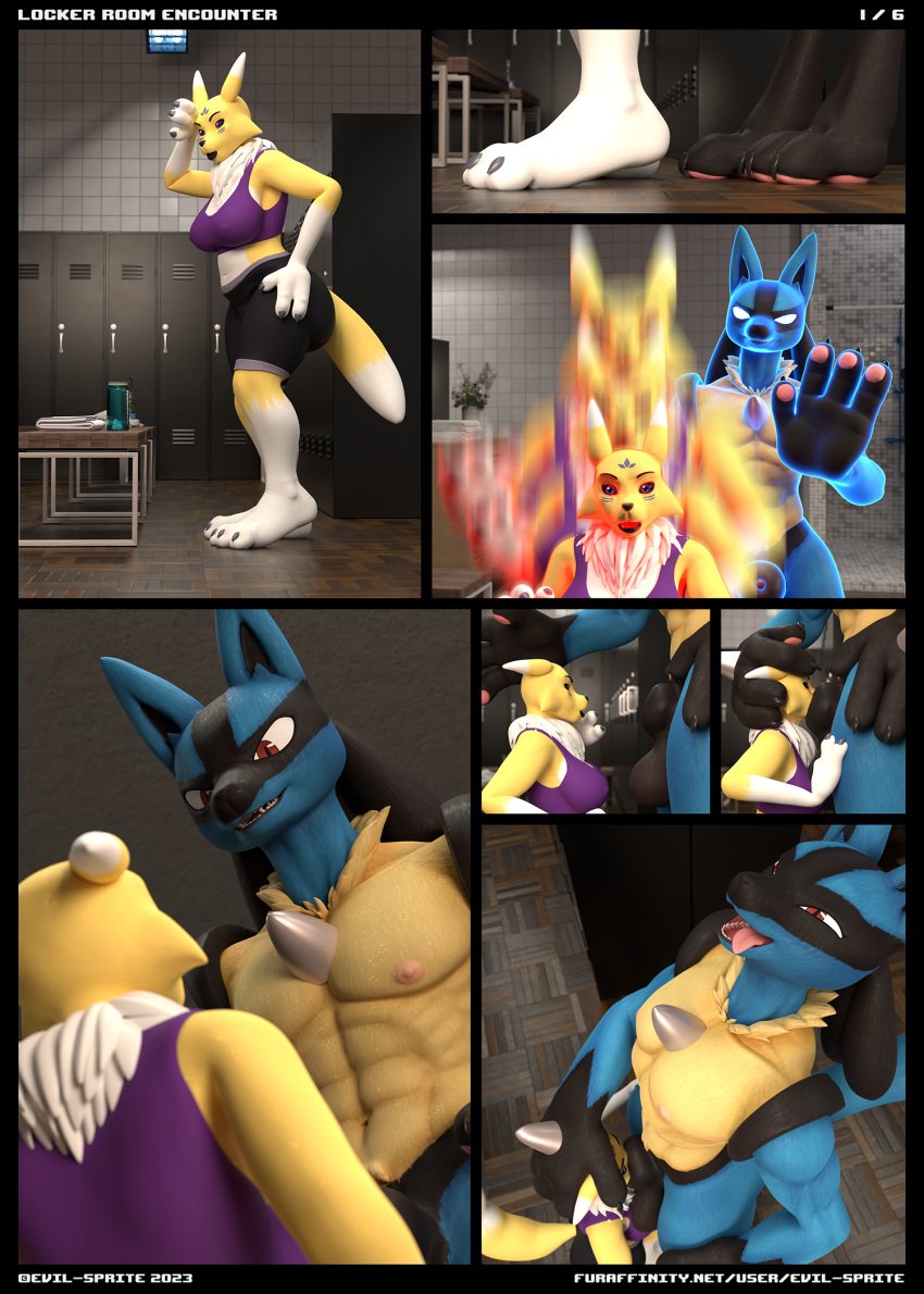 3d_(artwork) anthro ass balls bandai_namco breasts comic crossover crotch_in_face death_battle digimon digimon_(species) digital_media_(artwork) dominant dominant_male duo evil-sprite face_squish feet female forced furaffinity_username generation_4_pokemon genitals hand_on_head hi_res larger_male looking_at_another looking_down_at_another looking_pleasured low-angle_view lucario macro male male/female micro micro_on_macro muscular muscular_male nintendo nipples page_1 pawpads paws penis pokemon pokemon_(species) renamon shrink shrinking shrunk shrunken size_difference size_transformation smaller_female smothering squish tongue tongue_out transformation