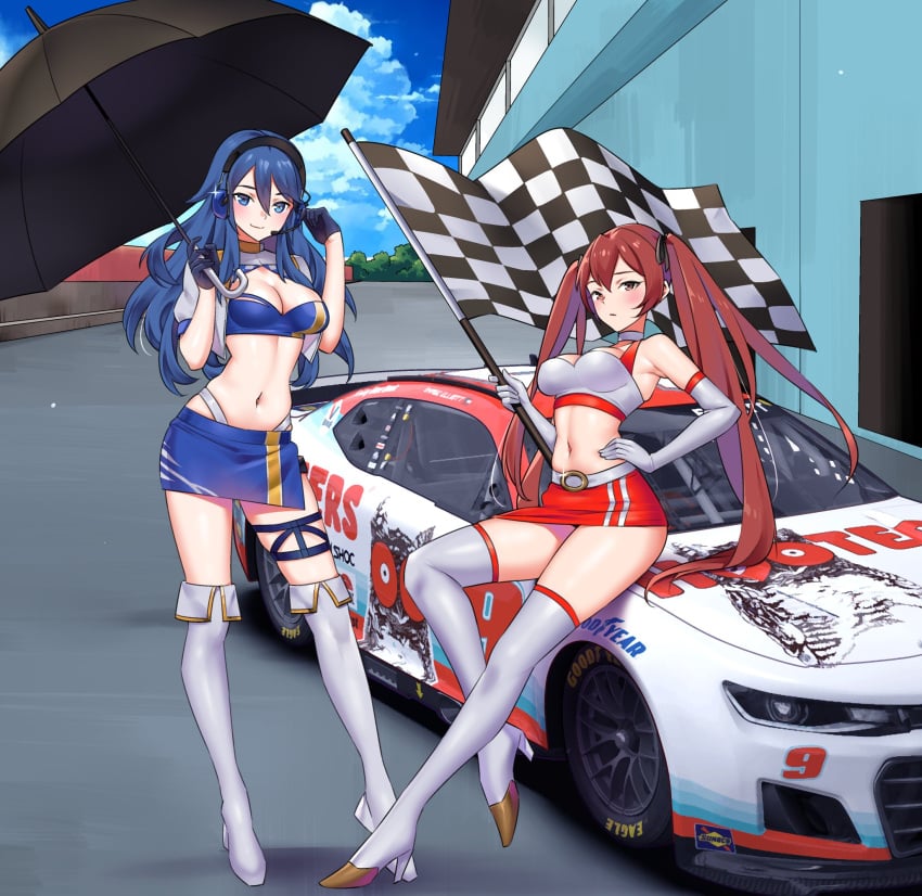 2girls blue_eyes blue_hair boots breasts car chase_elliott checkered_flag chevrolet chevrolet_camaro cleavage commission cropped_jacket elbow_gloves female female_only fire_emblem fire_emblem_awakening flag gloves headset hendrick_motorsports highres holding holding_flag holding_umbrella hooters igni_tion long_hair looking_at_viewer lucina_(fire_emblem) motor_vehicle multiple_girls multiple_straps nascar nascar_cup_series nintendo parasol race_queen race_vehicle racecar racetrack red_eyes red_hair severa_(fire_emblem) sitting_on_car skirt thighhighs umbrella