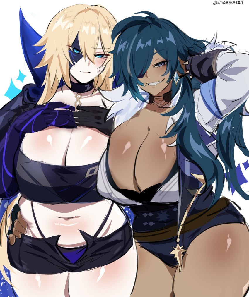 2023 2d 2d_artwork 2girls belly big_breasts big_thighs blonde_hair blue_eyes blue_hair blush booty_shorts breasts breasts_bigger_than_head chocolate_and_vanilla chubby cleavage clothing collar dainsleif_(genshin_impact) dark-skinned_female dark_skin female female_focus female_kaeya female_only gauntlets genderswap_(mtf) genshin_impact gloves hi_res highres hips huge_breasts jacket kaeya_(genshin_impact) kurenaiz1 large_breasts large_thighs light-skinned_female light_skin long_hair rule_63 smile smiling smiling_at_viewer tanned thick_thighs thighs thong unbuttoned_shorts white_background wide_hips