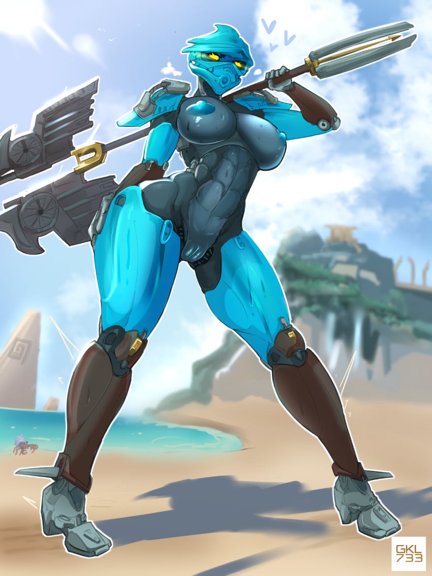 1girls armor athletic_female beach big_breasts bionicle bionicle_(gen_2) blue_nipples blue_pussy bottomless breasts breasts_out breasts_outside exposed_breasts female female_only gali gali_(master) gk733 glowing_eyes heart holding_weapon lego mask masked masked_female nipples no_underwear pussy robot robot_girl thick_thighs vagina weapon yellow_eyes