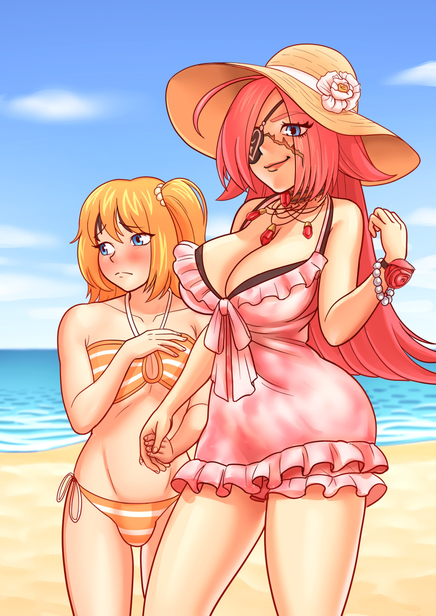 1boy 1girls beach bikini black_hair blue_eyes bulge commission commission_art commissioner_upload cosplay crossdressing crossdressing_male cuuki0 dress embarrassed eyepatch facial_scar fate/grand_order fate_(series) female femboy francis_drake_(fate) fujimaru_ritsuka_(female) fujimaru_ritsuka_(male) gudako gudao hat holding_hands jewelry large_breasts long_hair male orange_hair pink_hair scar scar_on_face summer_dress swimsuit tagme taller_girl wig