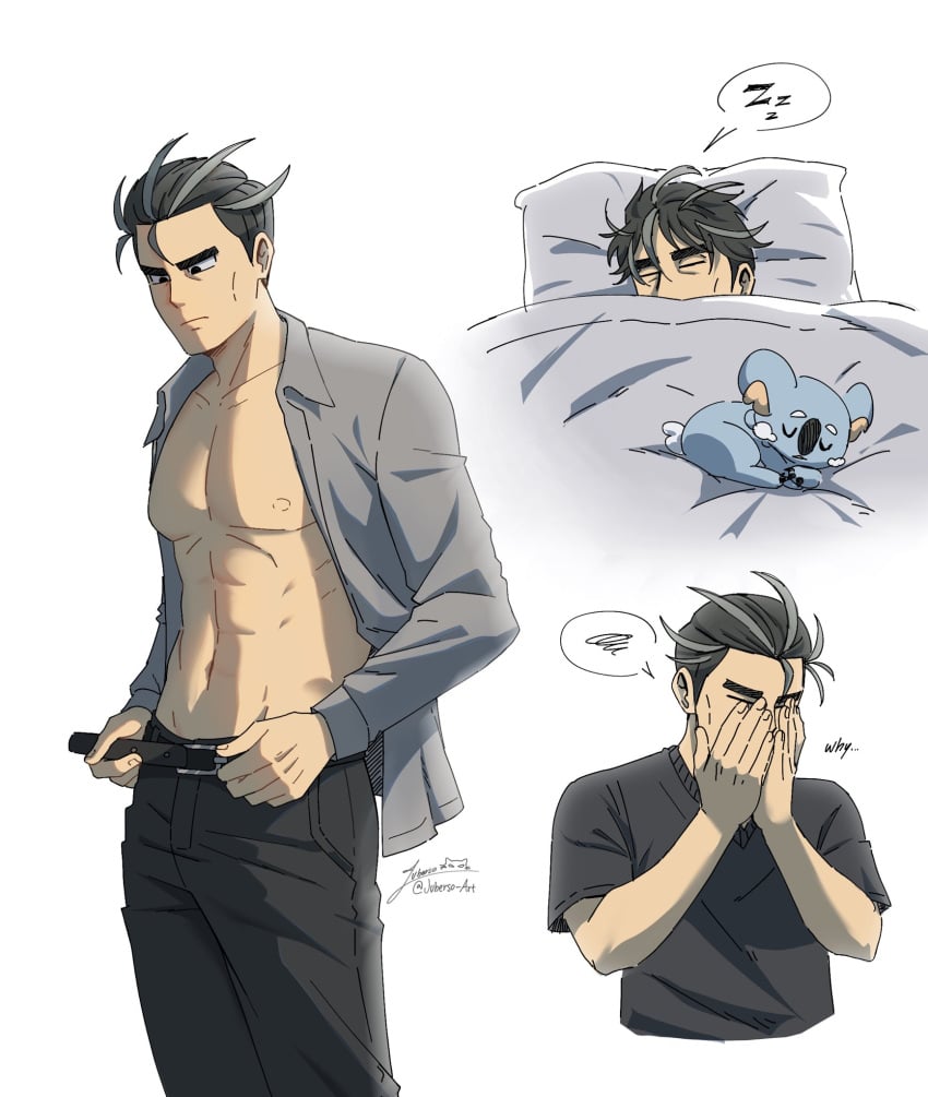 1boy abs belt belt_buckle clothed english_text hands_covering_face hands_on_face juberso_art larry_(pokemon) male male_only multiple_poses muscular_male open_shirt pokemon pokemon_sv sfw shirtless signature sleeping solo_male