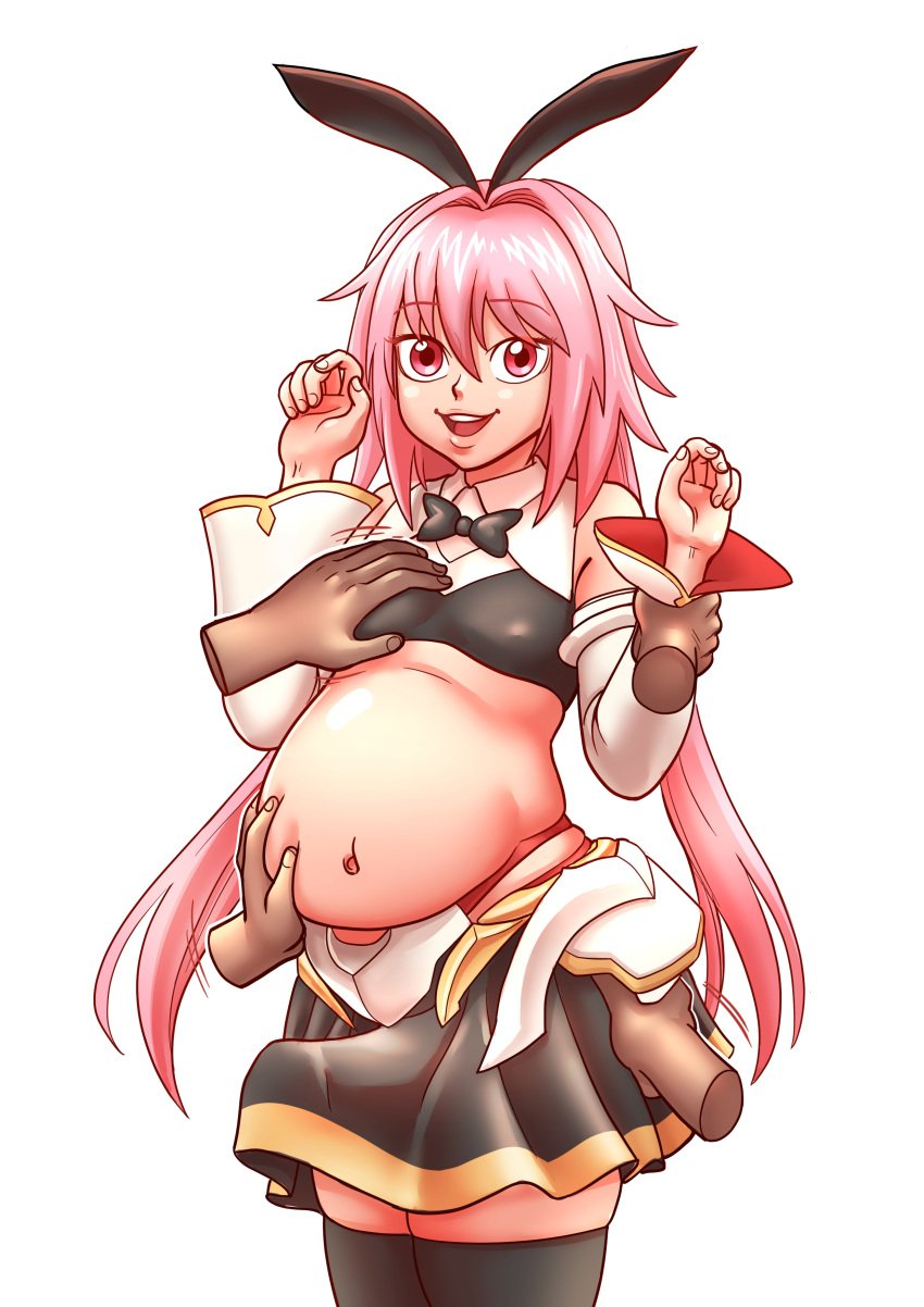 1boy astolfo_(fate) astolfo_(saber)_(fate) bloated_belly bowtie clothed_male commission commission_art commissioner_upload cuuki0 disembodied_hand disembodied_hands erection_under_clothes fat_man fate/grand_order fate_(series) groping groping_breast long_hair pink_eyes pink_hair rubbing_belly skirt tagme