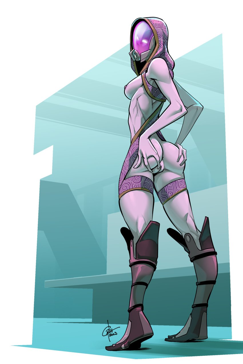 1girls adapted_costume alien alien_girl anus ass ass_support athletic_female boots breasts covered_face glowing_eyes hands_on_ass helmet knee_boots mass_effect medium_breasts nipples purple_skin pussy quarian sideboob solo tali'zorah_nar_rayya temporalwolf