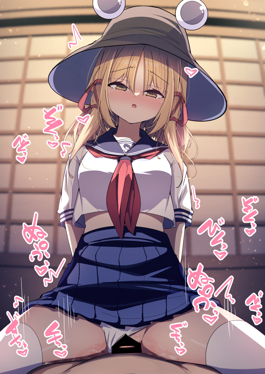 1boy absurdres alternate_costume bar_censor blonde_hair blue_skirt brown_headwear censored clothing_aside cowgirl_position darumoon duo female hat highres indoors looking_at_viewer male medium_hair midriff moriya_suwako motion_lines neckerchief open_mouth panties panties_aside penis pleated_skirt pussy red_neckerchief school_uniform serafuku sex short_sleeves skirt solo_focus straddling straight suwako_moriya thighhighs thighs touhou underwear vaginal_penetration white_panties white_thighhighs yellow_eyes zettai_ryouiki