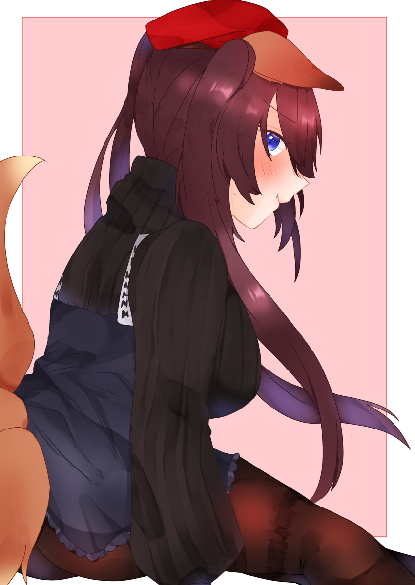 ass beret blue_eyes blush brown_hair caleen_keemosn commission dress eyebrows_visible_through_hair facing_back floppy_ears fox_ear fox_girl fox_tail hair_ribbon kemonomimi kitsunemimi large_breasts long_sleeves looking_at_viewer multiple_tails nin_11 pantyhose runes safe_for_work simple_background smile star_ocean star_ocean_anamnesis sweat turtleneck twintails valentine very_long_hair wholesome