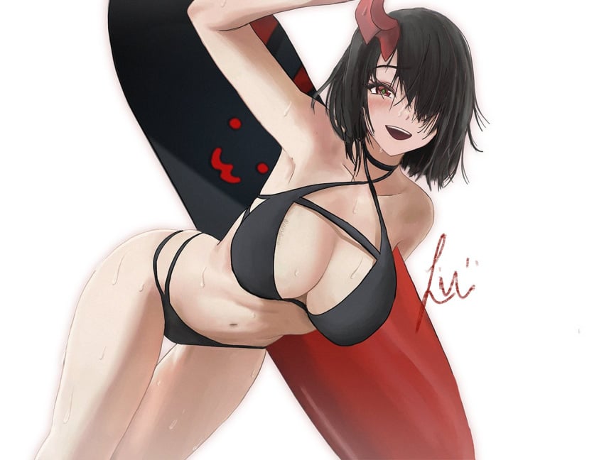 1girls adventurequest_worlds aithlinnn aqw aqworlds artix_entertainment big_ass big_breasts bikini black_hair bob_cut cleavage curvy ecchi fa_(aqw) female horn one_horn red_eyes red_horn surfboard swimsuit wet white_background