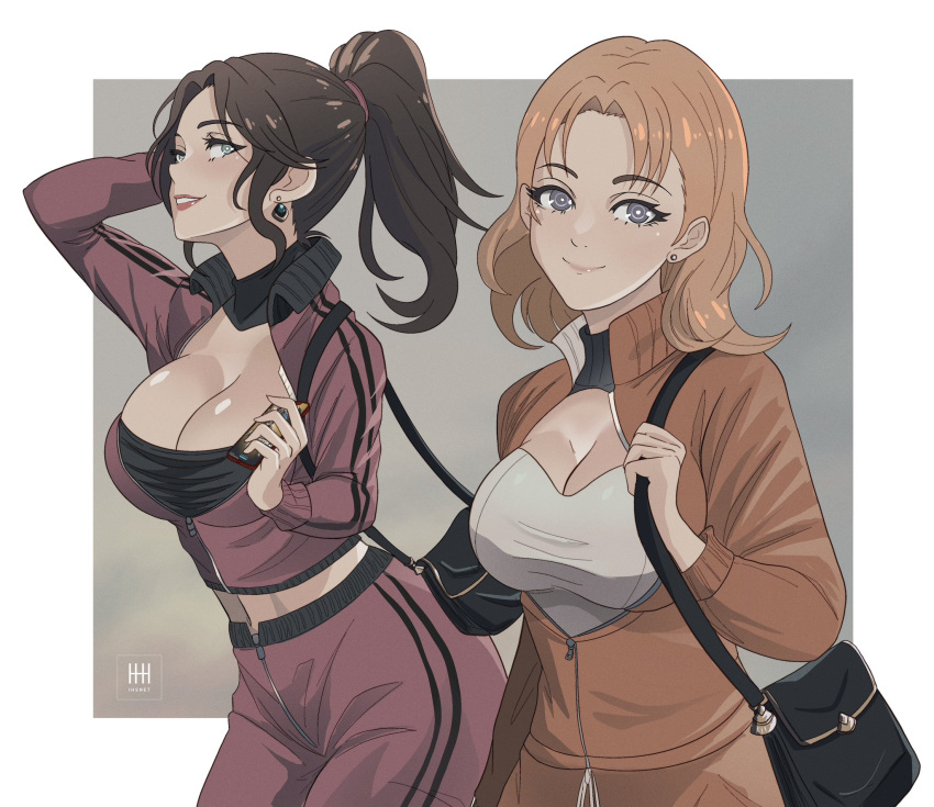 2girls alternate_costume alternate_hairstyle annette_fantine_dominic bag black_hair black_shirt blue_eyes breasts cleavage commentary_request cowboy_shot dorothea_arnault female female_only fire_emblem fire_emblem:_three_houses handbag highres ihsnet jacket large_breasts long_hair long_sleeves looking_at_viewer midriff multiple_girls navel nintendo orange_hair orange_jacket pants ponytail post-timeskip purple_jacket purple_pants shirt smile standing white_shirt