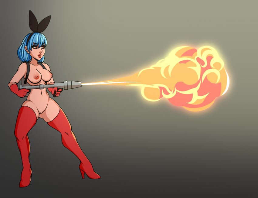 1girls blue_hair bunny_ears_headband commission commission_art commissioner_upload flamethrower gloves high_heel_boots hoplite kyokou_suiri large_breasts nanase_karin red_boots red_eyes tagme thigh_boots