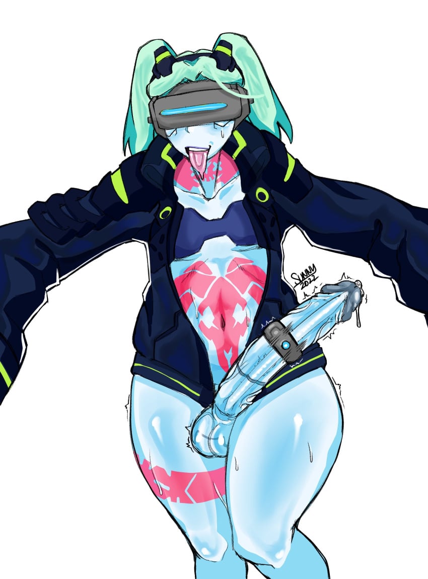 1futa 2022 balls bottomless breasts clothed clothing cyberpunk:_edgerunners dated erection futa_only futanari green_hair huge_cock humanoid humanoid_penis light-skinned_futanari light_skin long_hair netflix partially_clothed penis precum rebecca_(edgerunners) solo source_request standing sunnyslash tongue tongue_out twitch_lines vibrator_on_penis virtual_reality