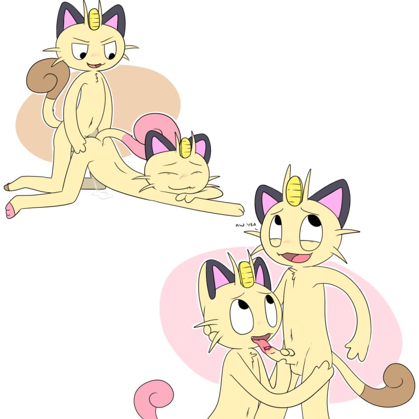 anal anal_sex anthro cum feline furry gay insidiouschristmas koban_(coin) meowth oral oral_sex paws penis pokémon_(species) pokemon shiny_meowth shiny_pokemon tail text watermelon_(artist) whiskers