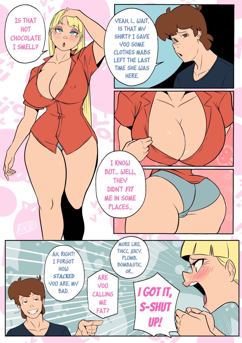 1boy 1girls banjabu big_breasts comic comic_page curvaceous dipper_pines disney english_text funny gravity_falls just_fuck_already meme pacifica_northwest panties revealing_clothes shirt straight_hair text tsundere wearing_others_clothes wearing_partner's_clothes word_balloon