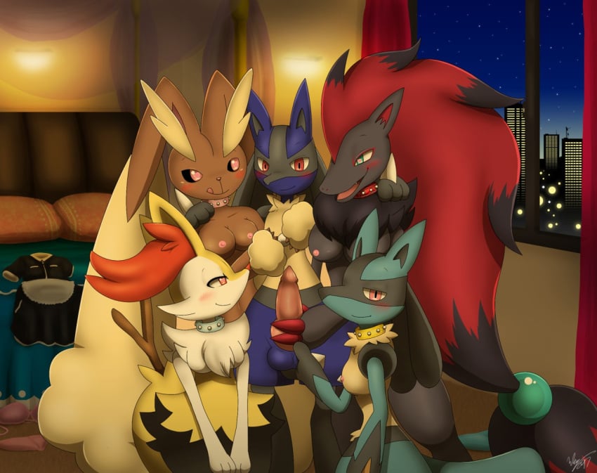 animal_genitalia animal_penis anthro balls bed blush braixen branch breasts canine_genitalia canine_penis clothing collar collar_only female furniture generation_4_pokemon generation_5_pokemon generation_6_pokemon genitals group harem humanoid leon_(asmash4lucario) lopunny lucario maid_uniform male nintendo nipples nude penis pokemon pokemon_(species) uniform window winick-lim zoroark