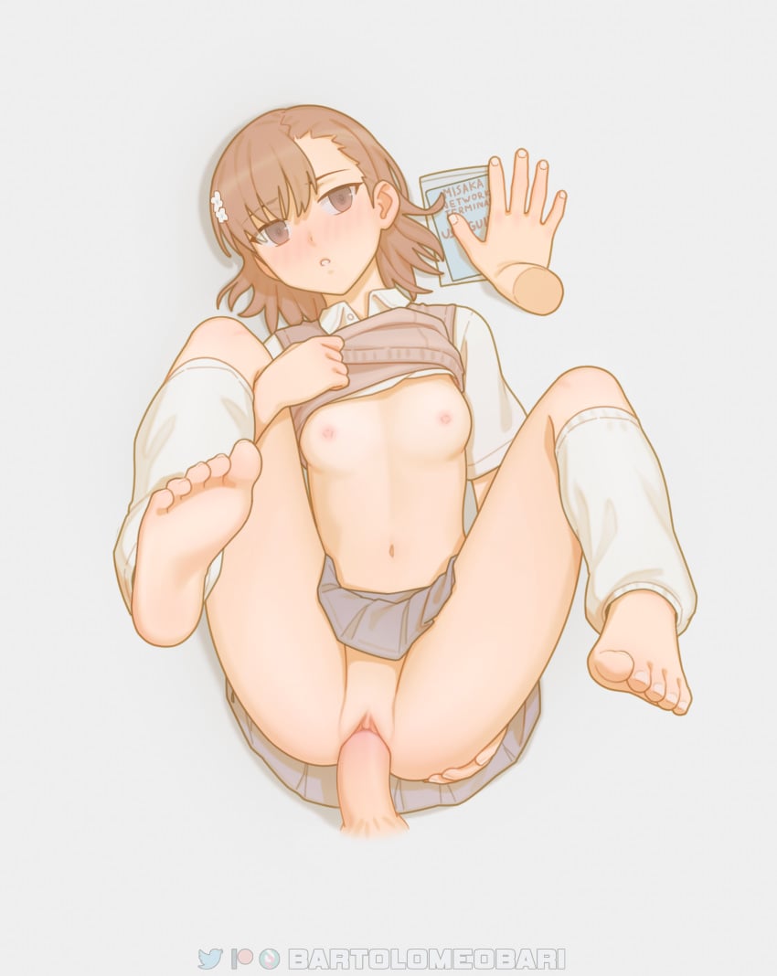 1boy 1girls 2020s 2023 absurd_res areolae artist_name bare_thighs barefoot bartolomeobari blush breasts breasts_out brown_eyes brown_hair clitoris clone erection faceless_male female female_focus first_person_view full_body grey_background hair_flower hair_ornament hi_res leg_warmers looking_at_viewer male male/female male_pov matching_hair/eyes midriff miniskirt misaka_imouto missionary_position navel nipples no_bra no_panties no_underwear on_back open_mouth penis point_of_view pov pussy school_uniform schoolgirl sex shirt shirt_lift short_hair skirt small_breasts spread_legs teenage_girl teenager teeth thighs to_aru_kagaku_no_railgun to_aru_majutsu_no_index toes tokiwadai_school_uniform uncensored vaginal_penetration young