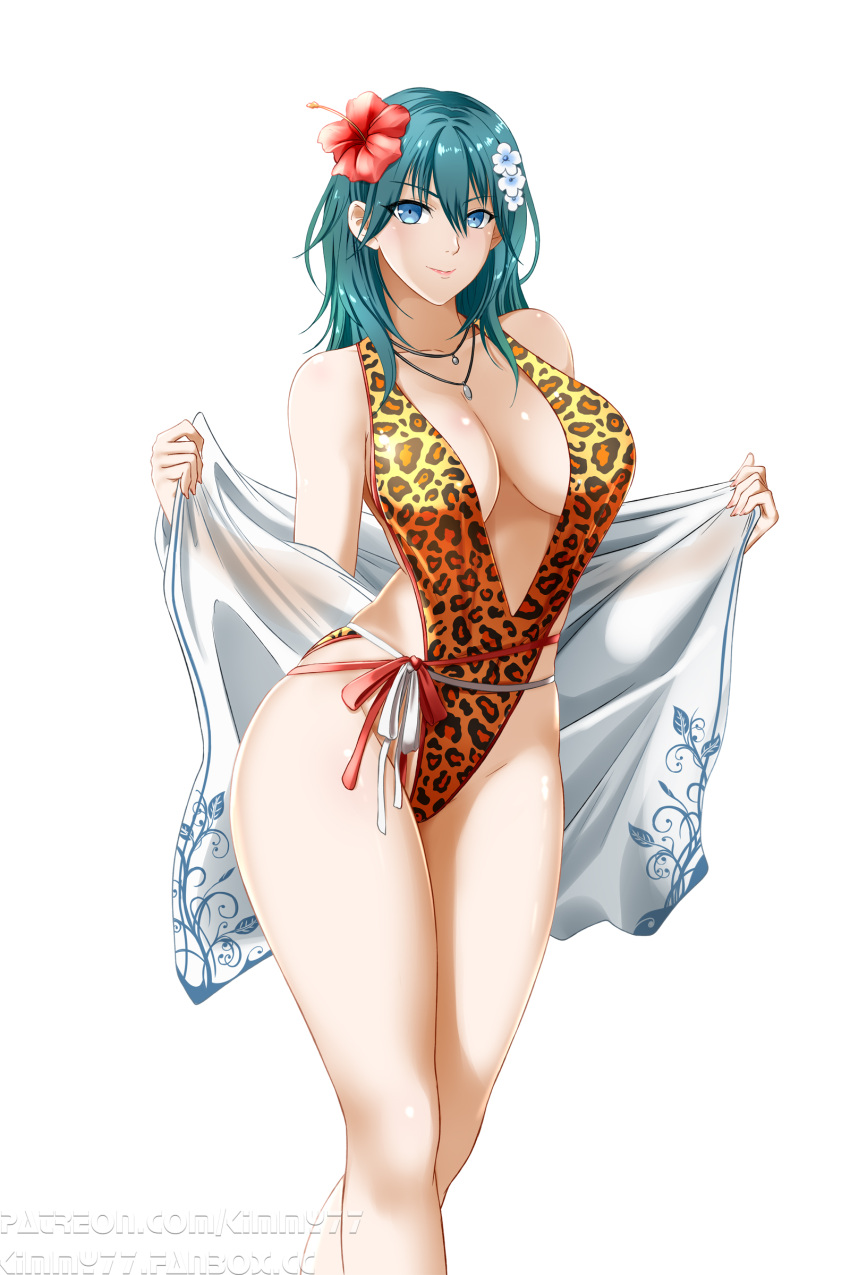 1girls bare_legs blue_eyes breasts byleth_(fire_emblem) byleth_(fire_emblem)_(female) byleth_(summer)_(fire_emblem)_(female) cleavage female female_only fire_emblem fire_emblem:_three_houses fire_emblem_heroes flower hair_flower hibiscus kimmy77 large_breasts legs leopard_print long_hair looking_at_viewer nintendo one-piece_swimsuit red_flower revealing_clothes slingshot_swimsuit smile solo swimsuit teal_hair thick_thighs towel white_background wide_hips yellow_one-piece_swimsuit yellow_swimsuit