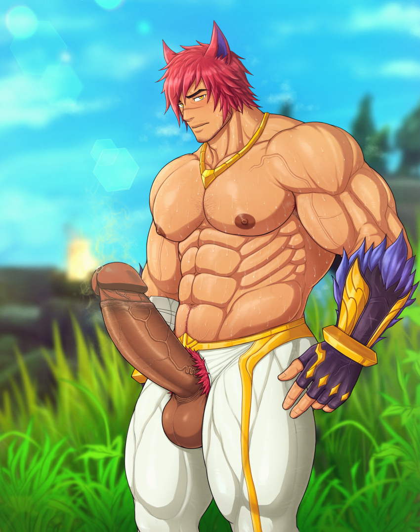 1boy abs bara bara_tiddies barazoku big_pecs big_penis grass league_of_legends male male_only muscular muscular_male nature nature_background pecs penis red_hair sett six_pack solo solo_male summoner's_rift toto_(artist) vastaya