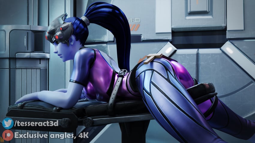 1girls 3d arched_back artist_name ass bdsm blue_body blue_hair blue_skin body_markings bodysuit bondage breasts clothed clothed_female clothes clothing female fully_clothed hair headgear hi_res humanoid laying_down laying_on_stomach legs_apart long_hair medium_breasts overwatch paddle ponytail restrained self_upload side_view sideboob skin_tight solo straddling tesseract3d thick_thighs thighs tight_clothing very_long_hair wide_hips widowmaker