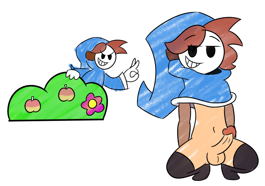 1boy bandit bandit_(mario) brown_hair bush centriloquism fruit hair highres hoodie male male_focus male_only mario_(series) mask nintendo penis penis_out shy_guy simple_background smile squatting toony white_background yoshi's_island